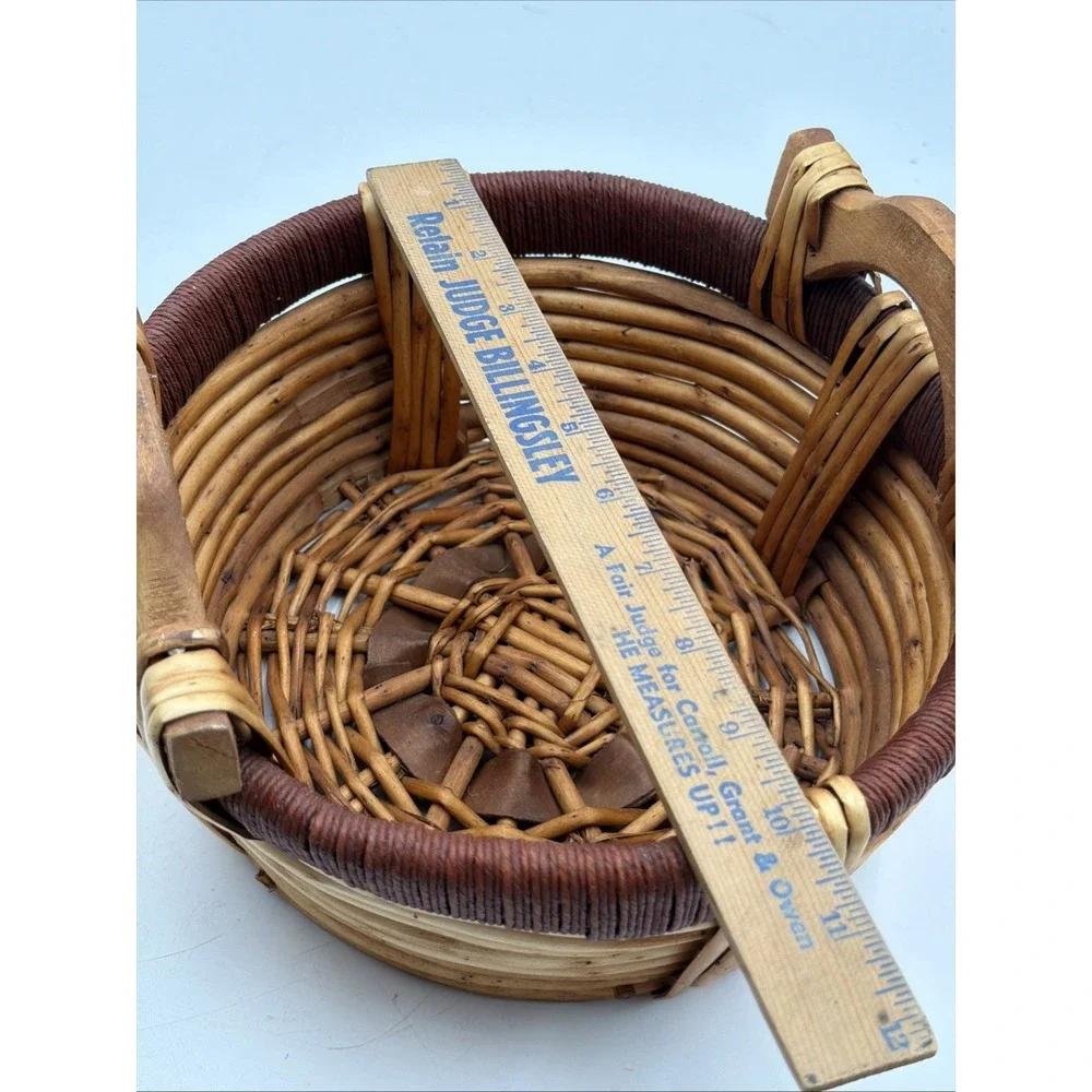 Vintage Gathering Basket Split Reed Jute Log Wood Handles Folk Art Rustic